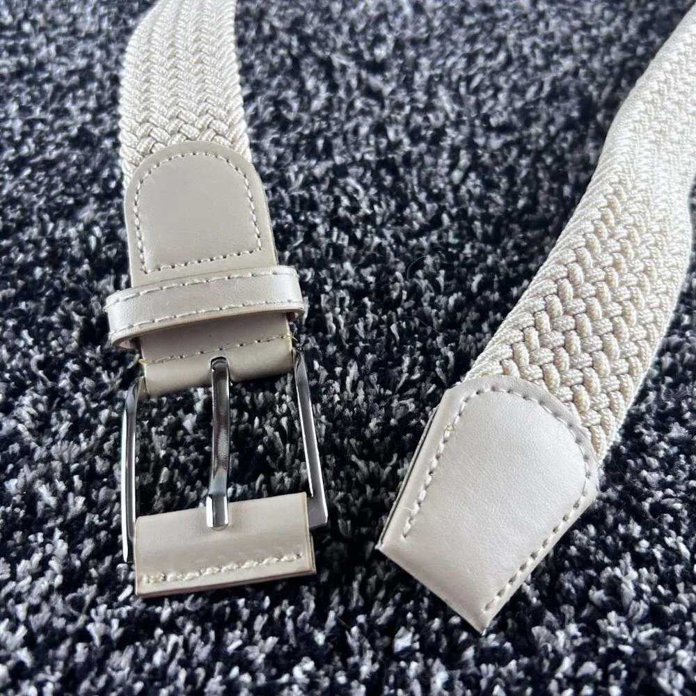 Mens Braided Beige Elastic Woven Golf Belt Faux Leather Accents Silver Buckle 43